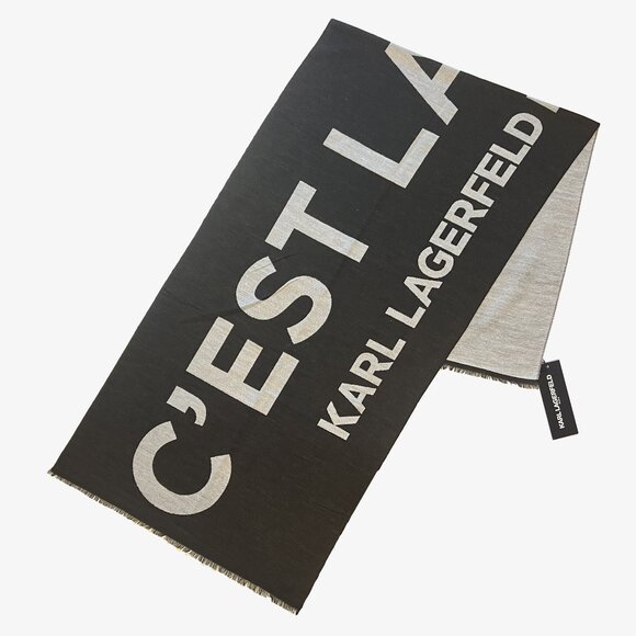 NEW Karl Lagerfeld C'est La Vie Logo Fringed Scarf- Oversized- Unisex - Picture 1 of 15